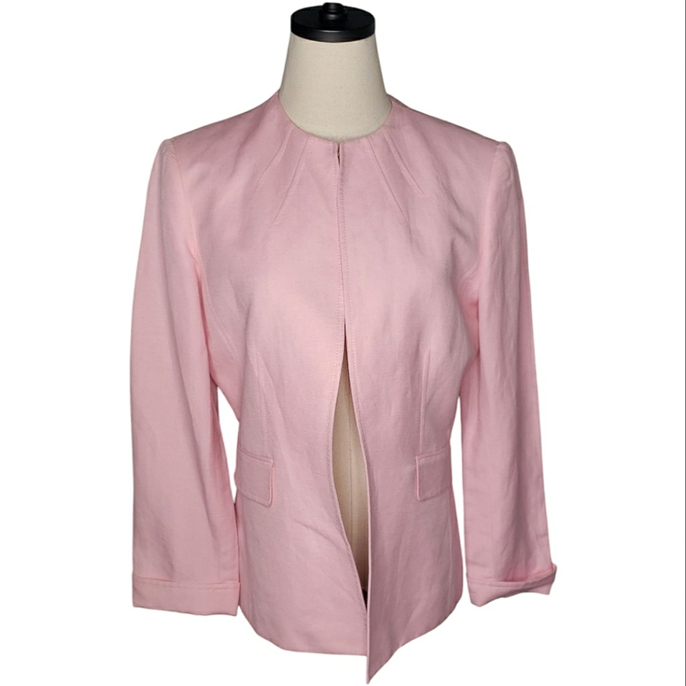Tahari Mix Linen Blend Baby Pink Blazer Jacket Skirt Set Wedding Event Church 10
